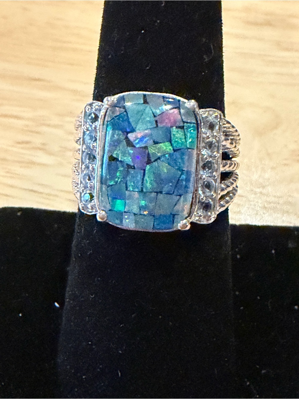 Men’s Sterling Silver Blue Opal Mosaic Ring - Blue Inlay. With Blue Topaz.